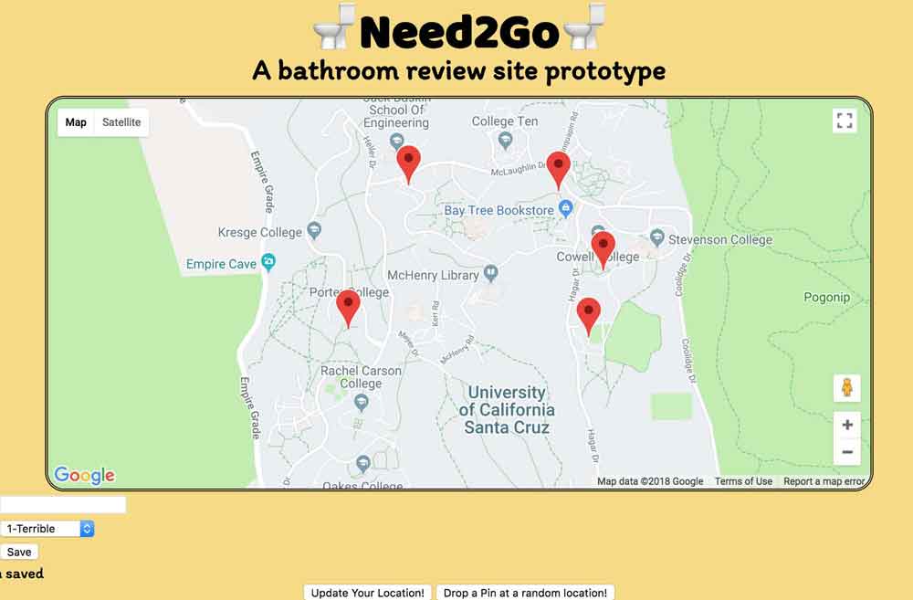 Need2Go is a prototype restroom review site for campus facilities. Made using Node.js/Express, AngularJS. Role: Backend Developer<br><a href='https://github.com/runyanjake/JRAW-CruzHacks-2018'>Repository</a>